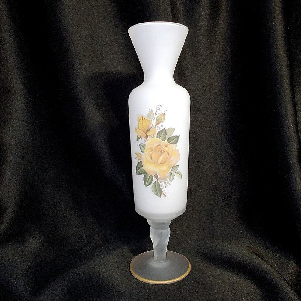 Vintage Norleans Frosted Glass Vase Yellow Rose Design & Twisted Stem‎ Italy